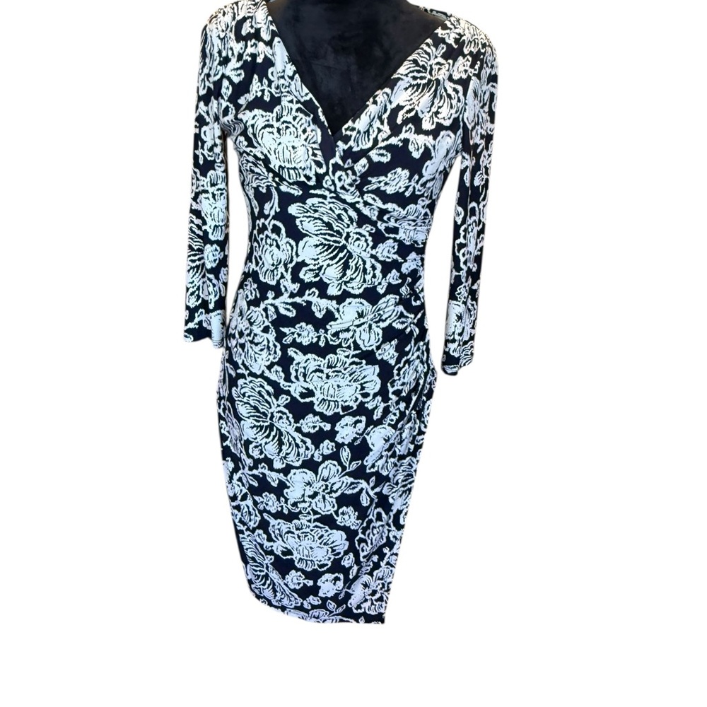 Lauren Ralph Lauren Floral Dress Black White Faux Wrap Long Sleeve Size 4
